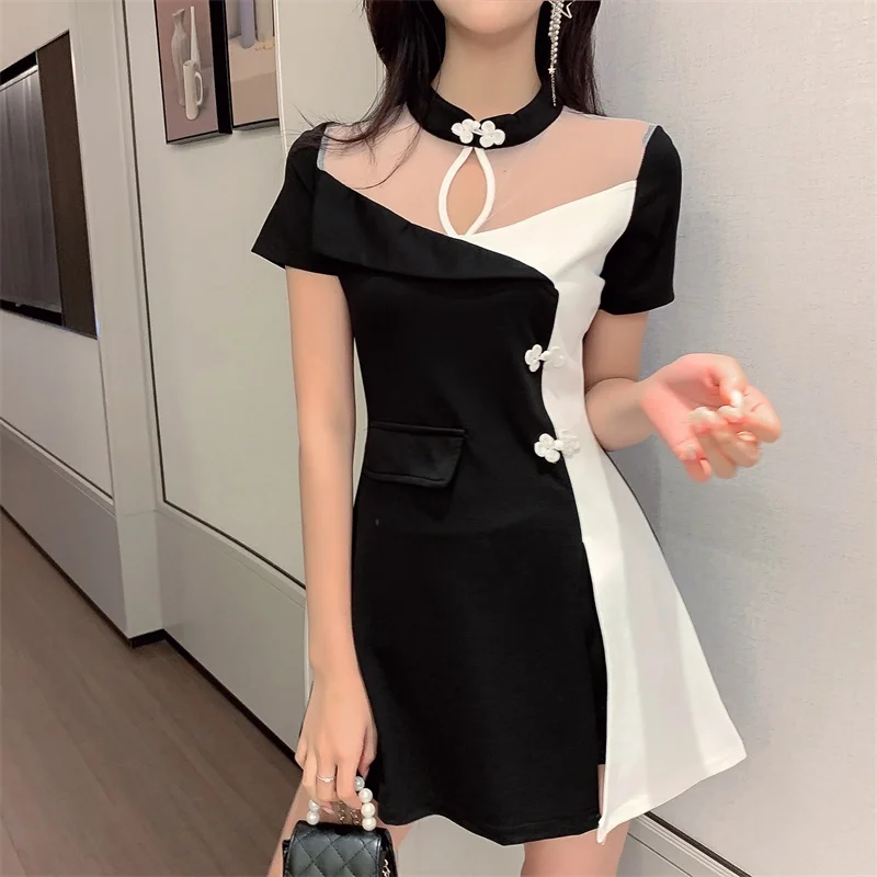 

Elegant Fashion Women'S Suits Korean Summer Sexy Female Stand Collar Mesh Patchwork Hit Color Vintage Black Dress Two Pieces Set