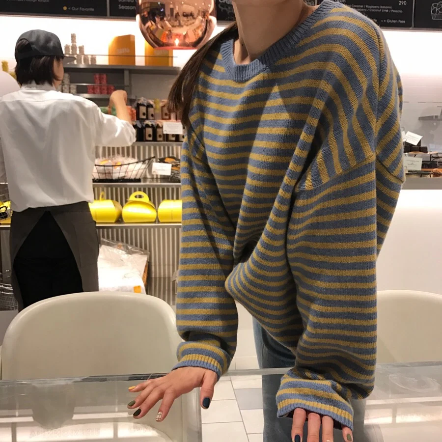 Зимний Корейский Harajuku винтажный шикарный полосатый свитер с длинными рукавами Ulzzang шикарный женский модный свободный свитер с круглым вырезом на каждый день ins