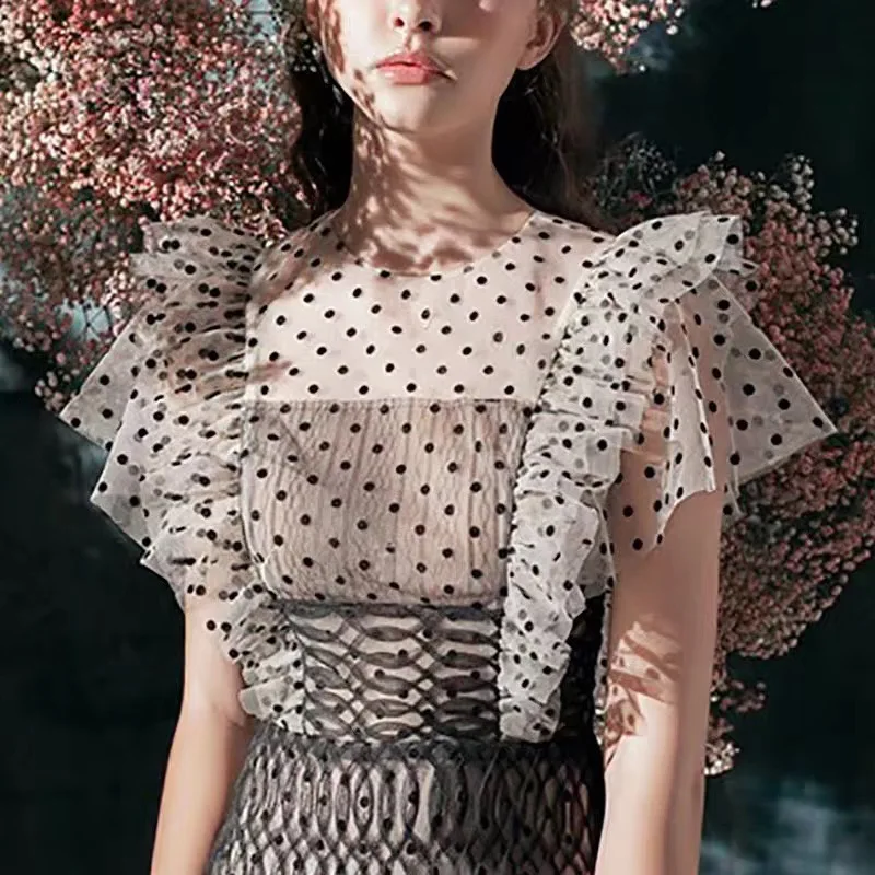 

French tight-fitting pleated mesh yarn polka dot women's sexy dress 2020New summer short-sleeved retro elegant women's dress XL