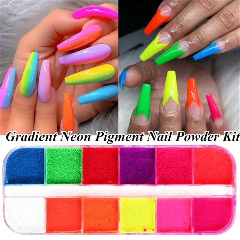 

Neon Pigment Powder Fluorescent Nail Glitter Set Shinny Ombre Chrome Dust DIY Gel Polish Manicure For Nails Art Decoration 12box
