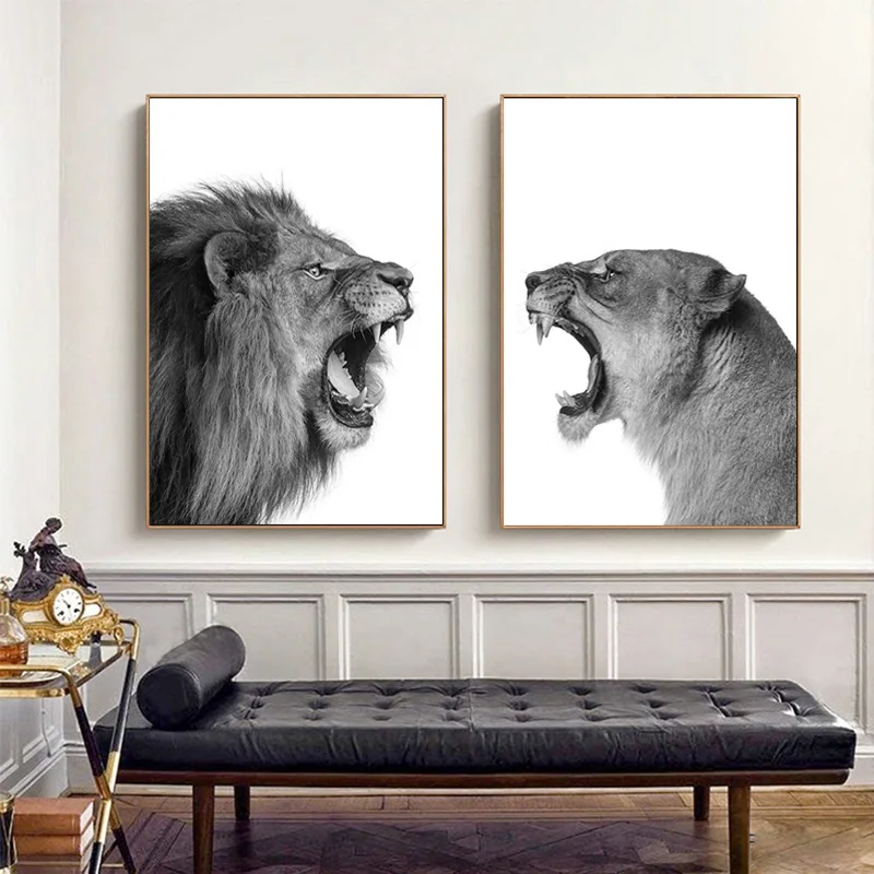 

Africa Animal Black White Lion and Lioness Canvas Poster Wall Print Painting Nursery Wall Art Picture for Living Room Decor