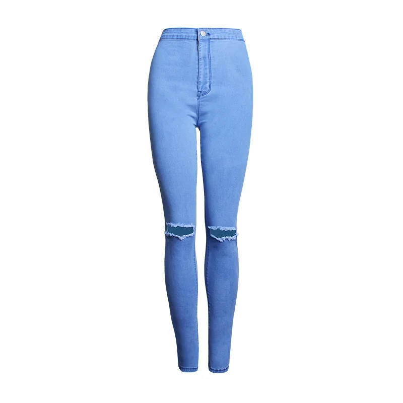 

Huangao] fast selling European beauty high waist elastic slim show thin solid color holed feet women's jeans