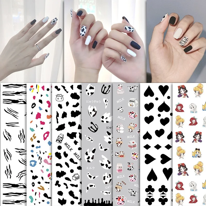 

Cartoons Cow Print 3D Nails Sticker Black White Mix Spots Designer Nail Slider For Nails Manicure DIY Nail Art Decor 872-878#