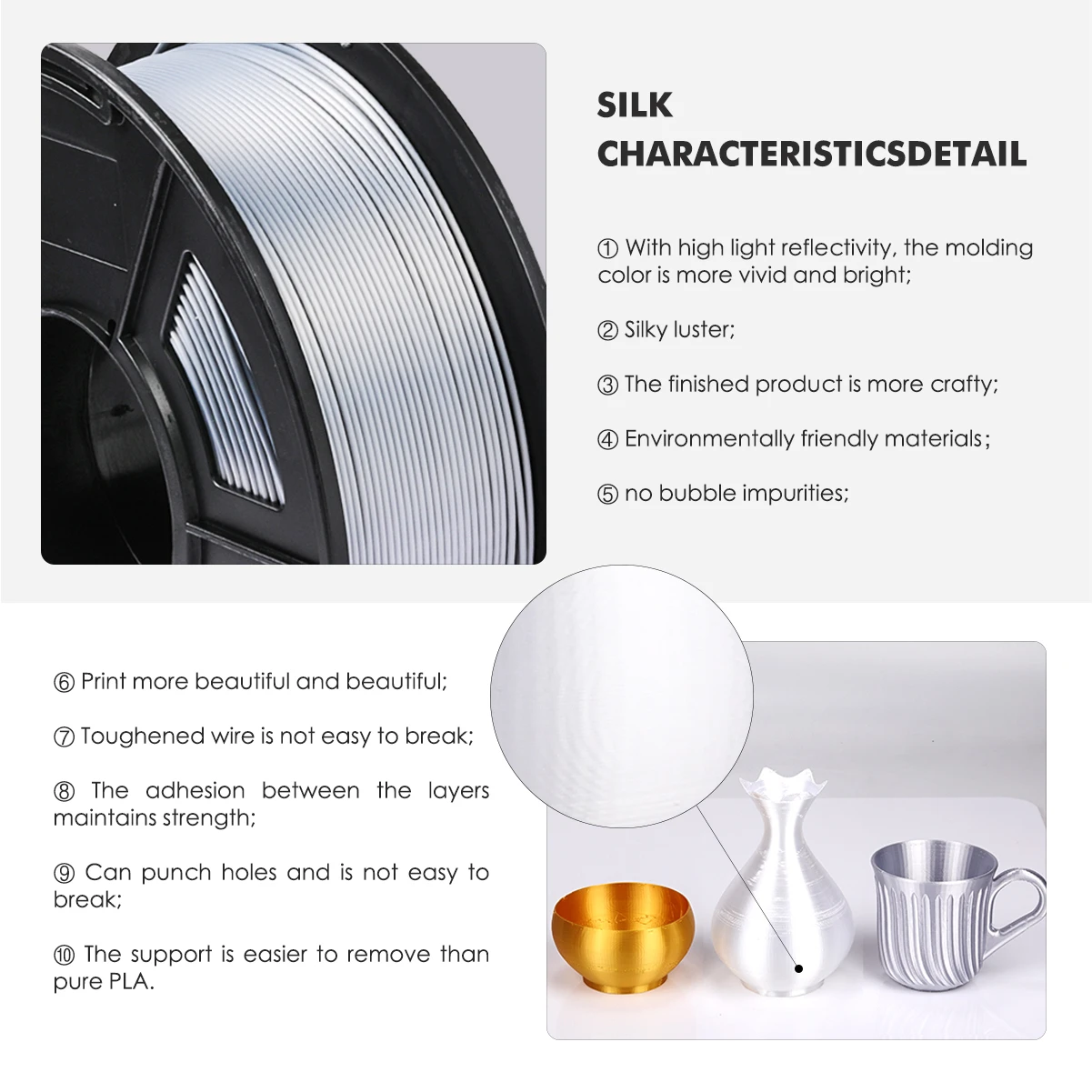 Enotepad PLA SILK Filament 1.75mm For 3D Printer 1KG PLA Material Combo 3Rolls/Set for DIY Artwork Printing