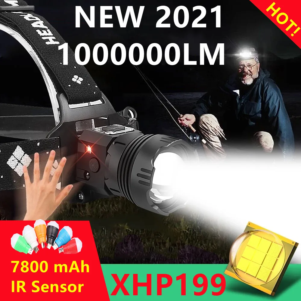 8000000LM Powerful Led Headlamp XHP199 Rechargeable Head Flashlight XHP90 Usb Fishing Headlight 18650 IR Sensor Head Lamp Lights