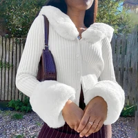 white sweater women cardigan sweater long sleeved blouse vintage furry collar knitted jacket y2k slim knitwear tops solid knitwe