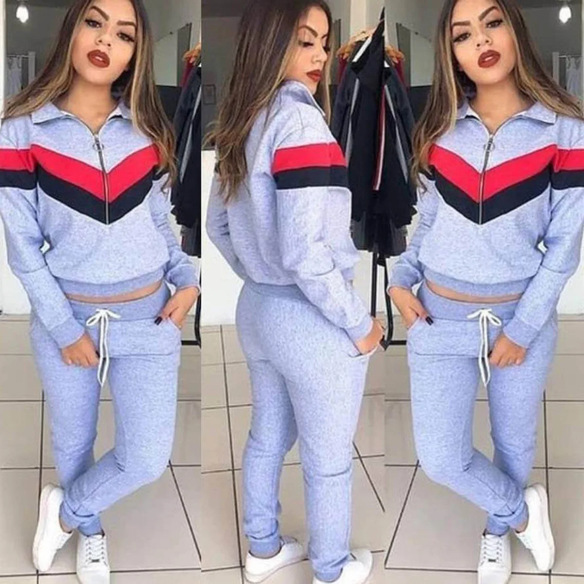 

Two-piece Suit Full Donsignet Fashion Women's Suit New Spring Casual Lapel Zipper Solid Color Stripe Stitching Short Trousers