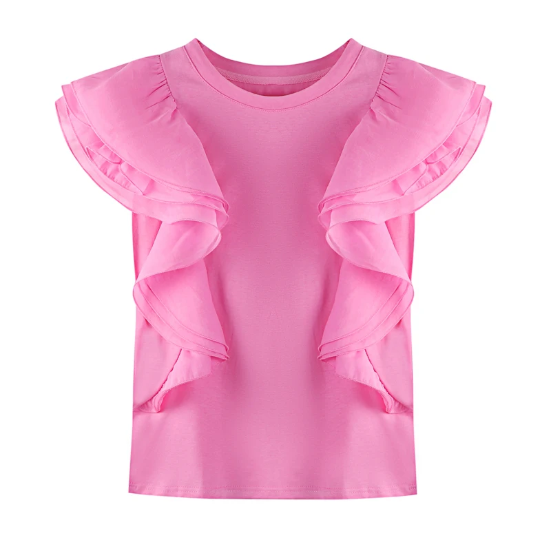 

Mesh Patchwork Ruffled Short Sleeve Loose T-shirt Women 2021 Summer Clothing New Pink Tee Shirts Camisetas De Mujer Nancylim