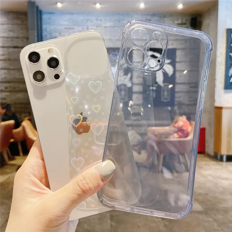 Ottwn Holographic Flower Transparent Case With Hearts For iPhone 11 12 Pro Max 13 XR 7 8 Plus XS X SE 2020 Colorful Laser Cover