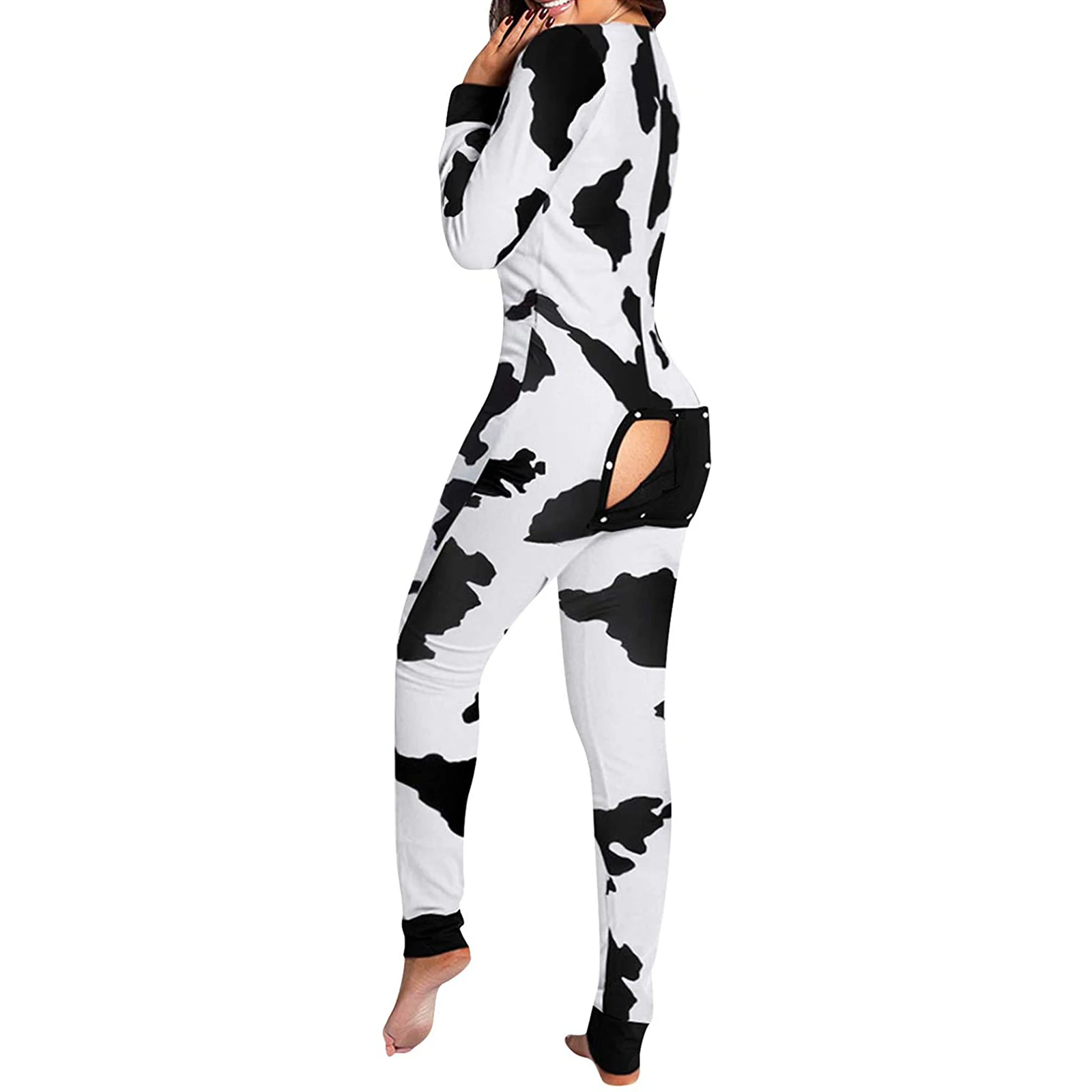 

Women Functional Buttoned Flap Jumpsuit Sleepwear, Solid Color / Printed Long Sleeve Homewear Pajamas 2021 New Fashion