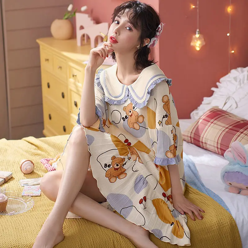 New Style Cotton Pajamas Ladies Summer Short-sleeved Nightdress Female Korean Style Cute Loose Plus Over-the-knee Home Service
