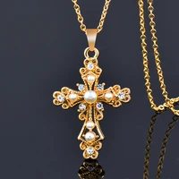 kioozol stainless steel silver color cross neck pendant pearl micro inlaid rhinestone choker necklace for women gifts 283 ko2