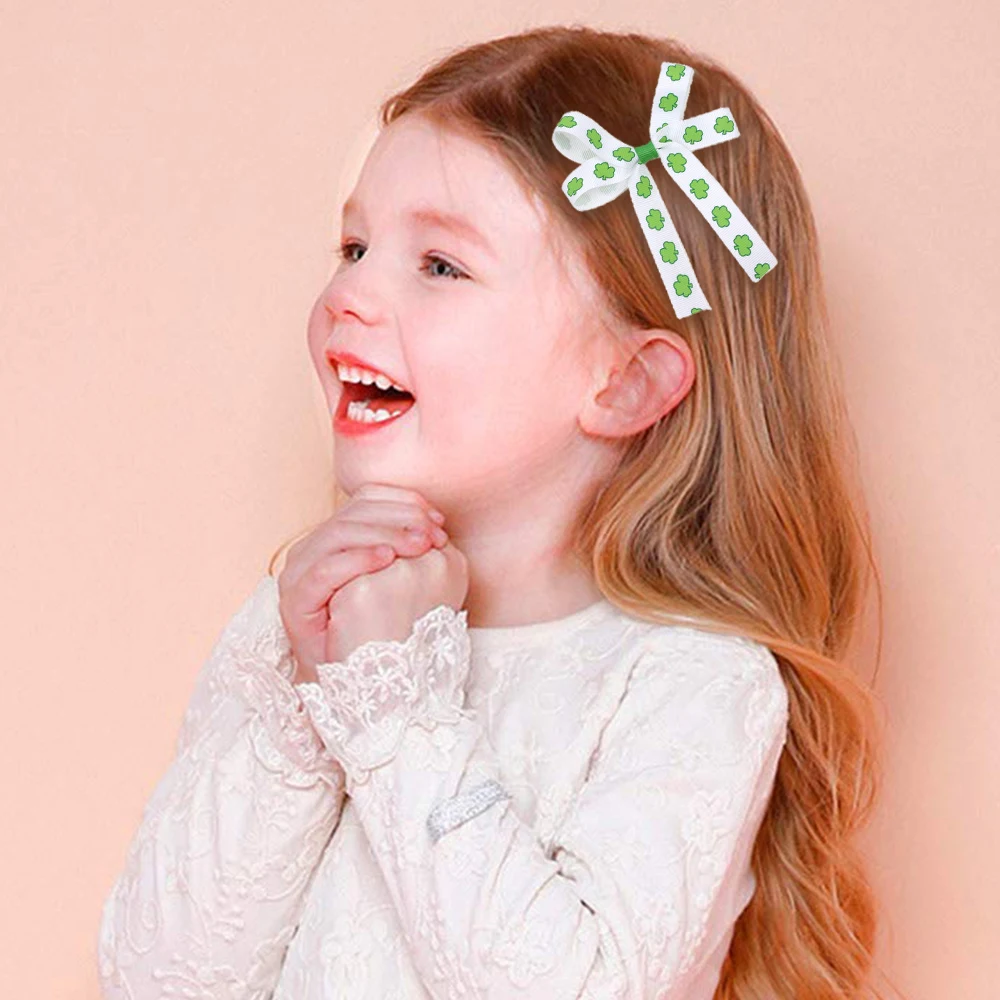 

CN 4 Piecs/lots Lovely Long Shamrock Hair Bows For Girls Kids St Patrick Day's Bowknot Hair Clips Hairpins Hair Accessories