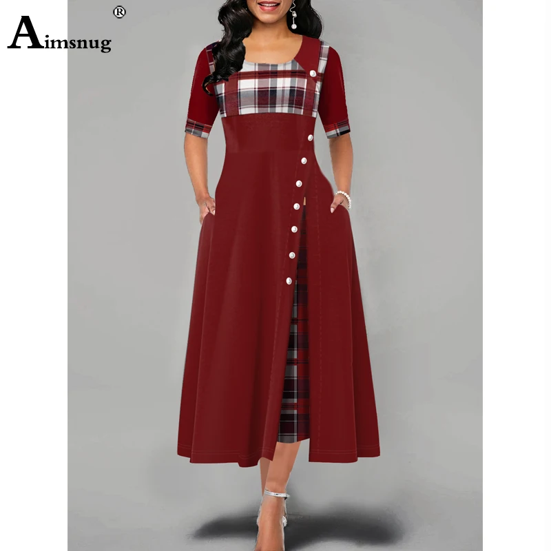 Plus Size 4XL 5XL Women's Elegant Long Plaid Print Party Dresses - Irregular Ladies Vintage Button Dress with Patchwork A-Line image 5