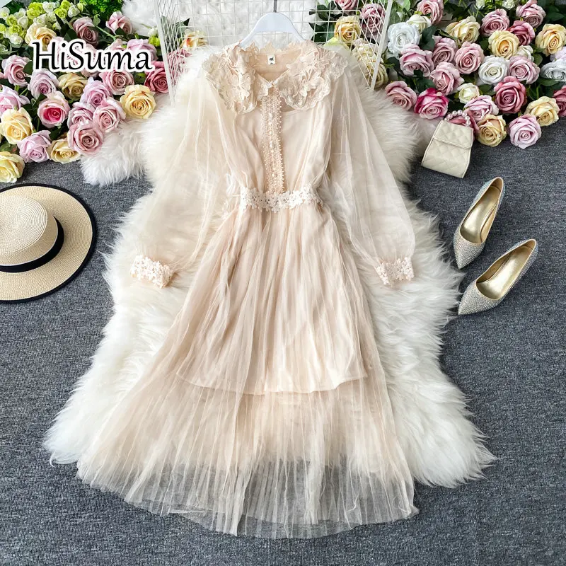 

2021 spring new women chic peter pan collar single button waist gauze with lace pleated dress female elegant mesh dresses