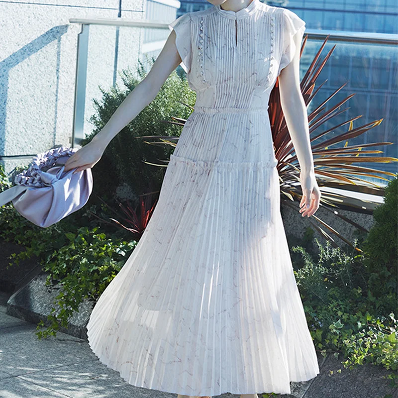 

Женское приталенное плиссированное платье, элегантное ажурное дизайнерское платье без рукавов с высокой талией и шикарным принтом, весна ...