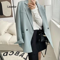 korean pockets double breasted jacket women long sleeve loose suit jacket black autumn 2021