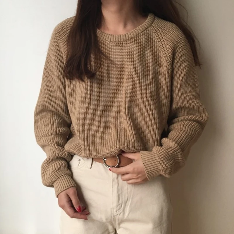 2019 Fashion Ladies Full Sleeve Women Knitting Sweater Solid O-neck Pullover And Jumper Loose Hot Sale | Женская одежда