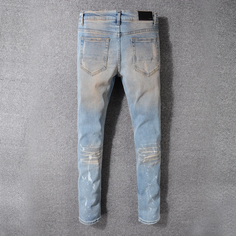 

Luren Men Patchwork Bandanna Paisley Printed Biker Jeans Hombre Light Blue Holes Ripped Skinny Stretch Denim Pant Trousers
