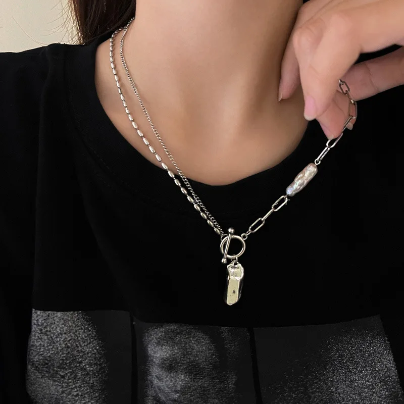 

Minar Minimalist Asymmetric Irregular Pearls Titanium Steel Necklace for Women OT Clasp Pendant Necklaces Coller Choker Gifts
