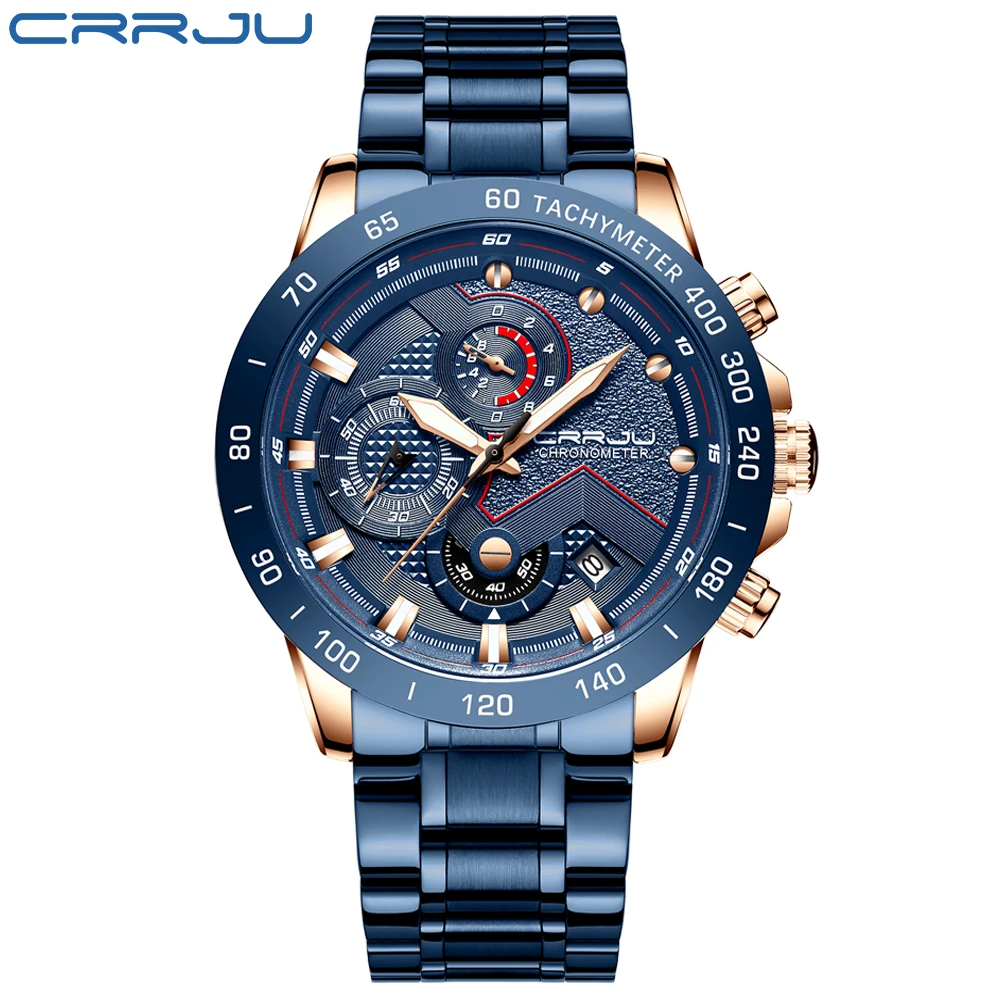 blue-s CRRJU часы мужские Топ люксовый бренд хронограф наручные часы сетка сталь Дата часы модные спортивные кварцевые часы relogio masculino - Цвет: blue-s