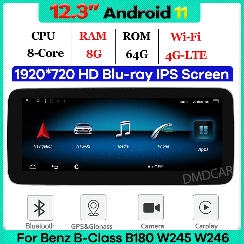 

12.3" 8Core CPU 8G RAM Android 11 Car Radio GPS Multimedia Player for Mercedes Benz B Class B180 W245 w246 2011-2018 CarPlay