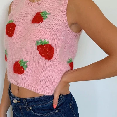 

Strawberry Knit Sweater Vest Female Pink Sweet Streetwear Preppy Style Casual Tank Top Y2K Knitwear Vest Sweater Women Waistcoat