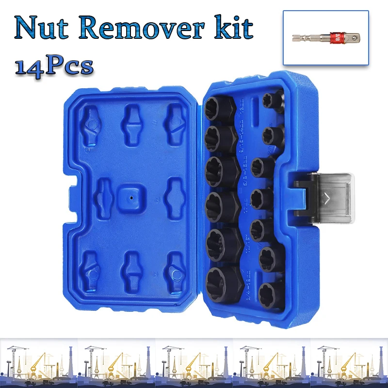

14PCS Nut Removal Tool Damaged Lug Nut Lock Remover Twist Socket Set Car Wheel Nut Socket Screw Extractor Tool Automotive Tools