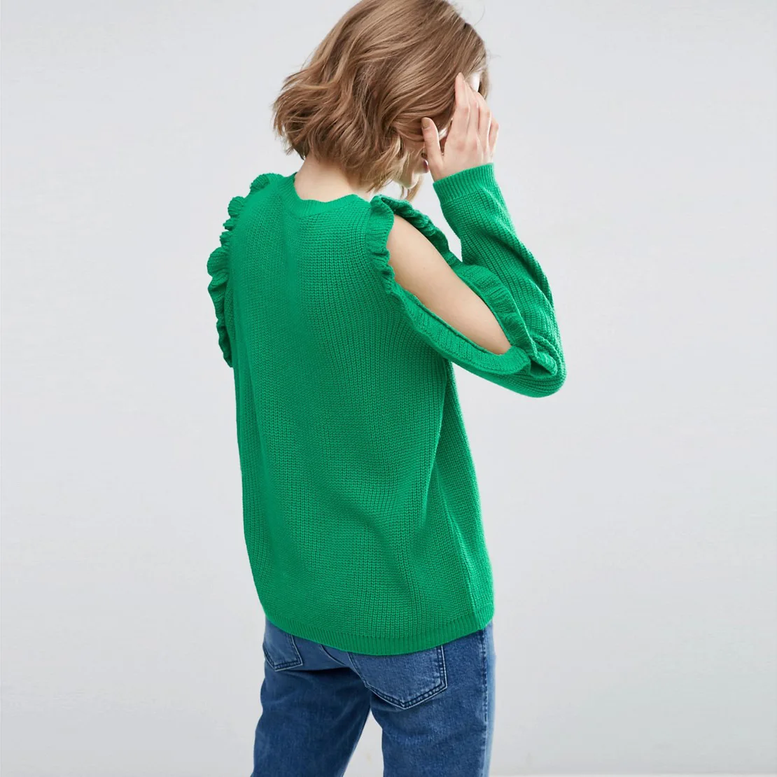 

Женский пуловер с длинным рукавом, повседневный однотонный пуловер в европейском и американском стиле с деревянными ушками и круглым вырез...