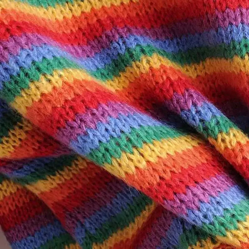 Harajuku полосатый Радужный свитер большого размера с вырезом лодочкой и длинным