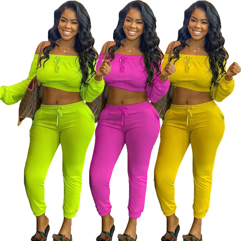 

Women 2 Pcs Sets New Fashion Autumn One-word Neck Wrapped Chest Solid Color Waist Long Sleeve Sports Suit Wholesale Dropshpping