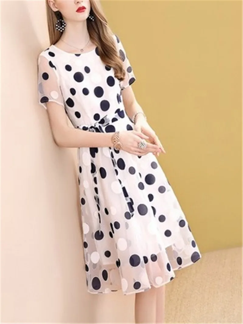 

ou huo White Polka Dot Floral Printed Dress Summer Wear for Women nian New Style Casual Slimming Elegant A- line Skirt 5221