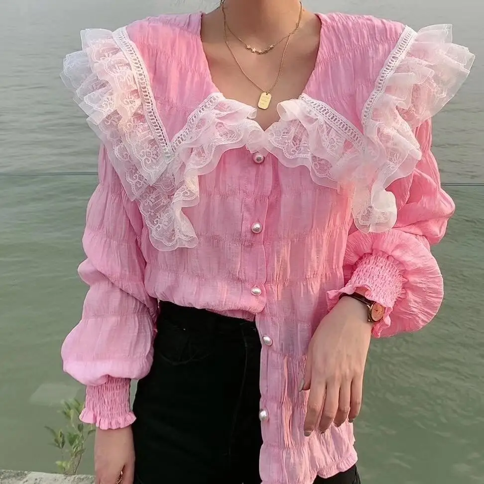 

2020 Double Layer Doll Collar Long Sleeve Shirt Sweet Lace Big Shawl Collar Loose Western Style Shirt lantern Sleeve