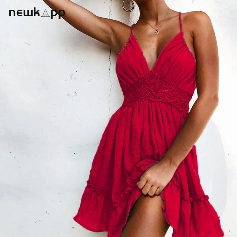 Женское кружевное лоскутное платье сексуальное открытое пляжное без рукавов с