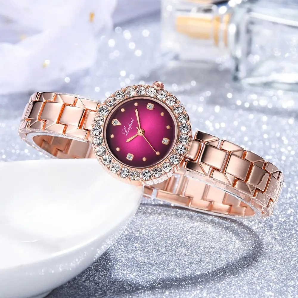 

Роскошные женские часы с золотым металлическим браслетом, модные женские часы, фиолетовые кварцевые наручные часы с циферблатом, подарок для девушки, 2022