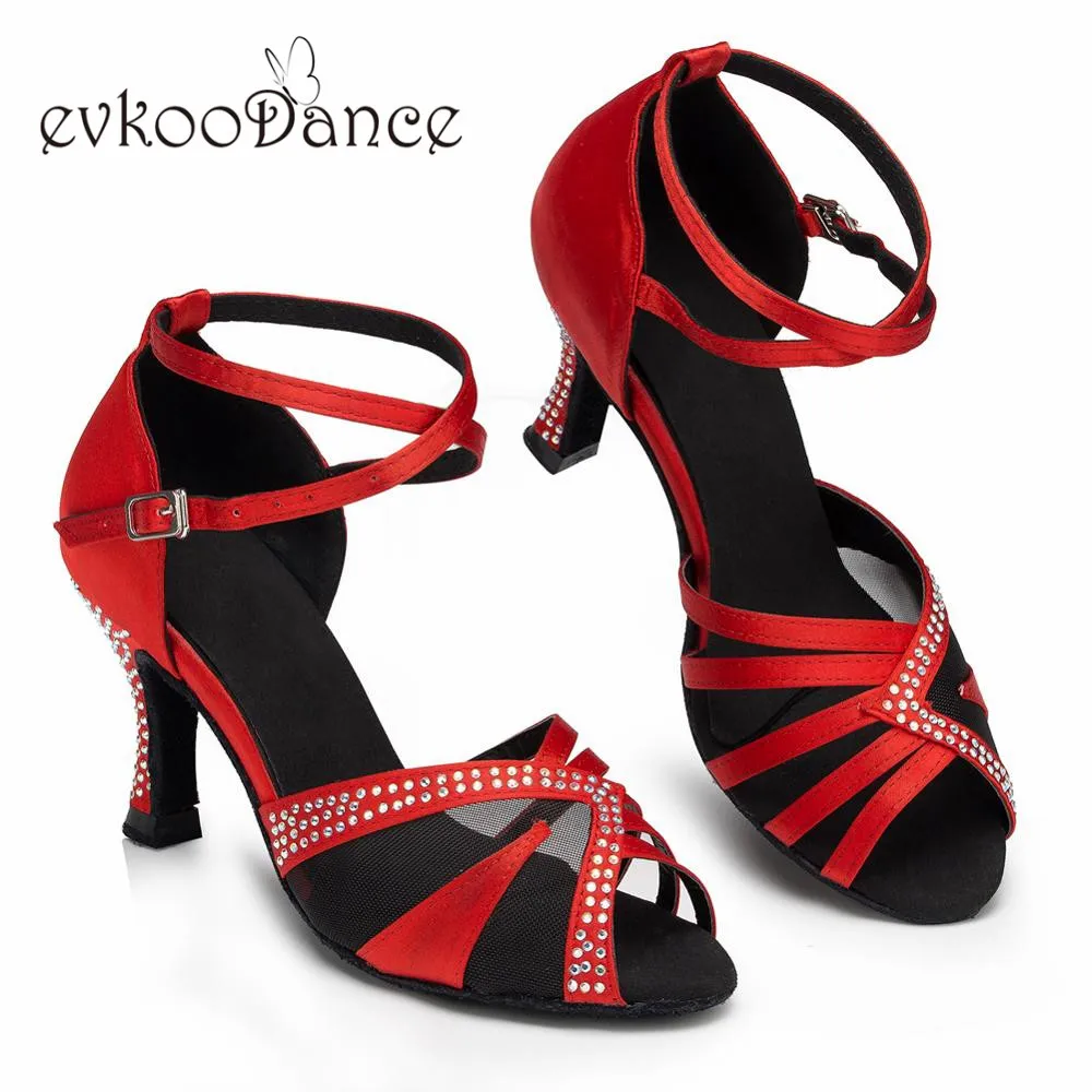 Фото Женские атласные туфли Evkoodance, черные/коричневые/красные туфли для латиноамериканских танцев, размер us 4-12, высота каблука 7 см, профессиональная фотообувь №3