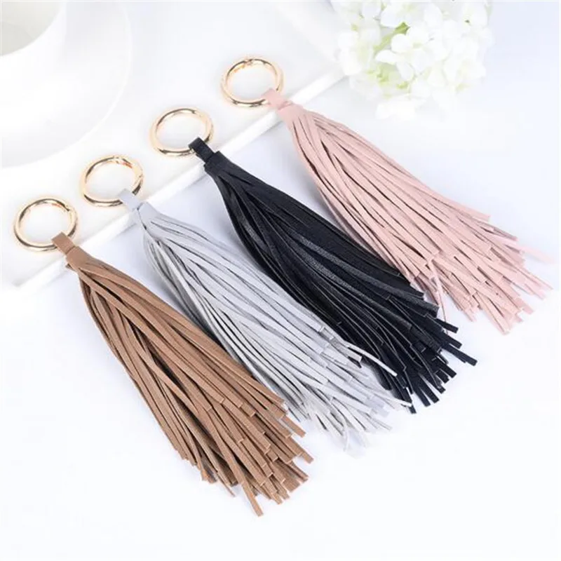 

Long PU Leather Black Tassel Keychain Fashion Pink Gold Bag Charms For Women Key Ring Jewelry Best Gift For Friend Wholesale