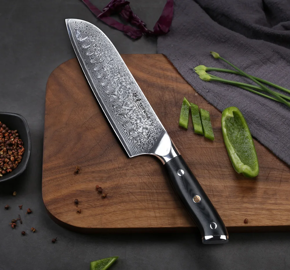 TURWHO 7 дюймовые кухонные ножи Santoku 67 слоев дамасская сталь нож шеф повара для мяса