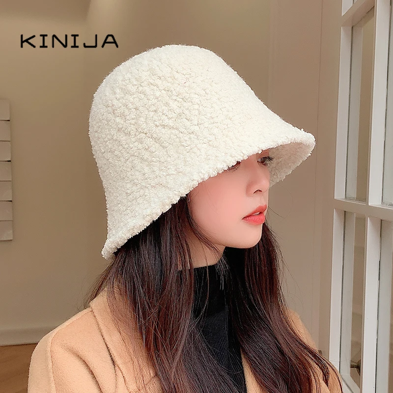 Women Winter Fashion Solid Lambswool Basin Cap Retro Knitted Soft Panama Fur Twists Fisherman Hat Girl Cashmere Bucket Hat