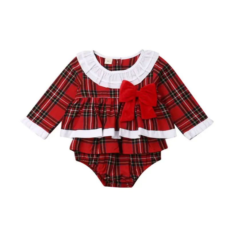 

0-24M Newborn Baby Girl Christmas Clothes Ruffle Plaid Romper Jumpsuit Dress Outfit HOT