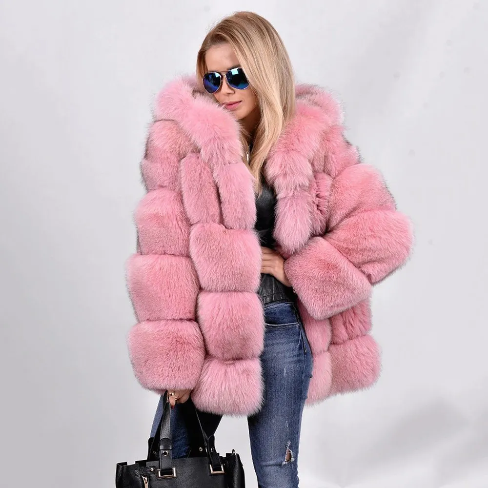 Natural Pink Real Fox Fur Coats With Hood Thick Warm High Quality 2022 Trendy Whole Skin Genuine Fox Fur Jackets Medium Length