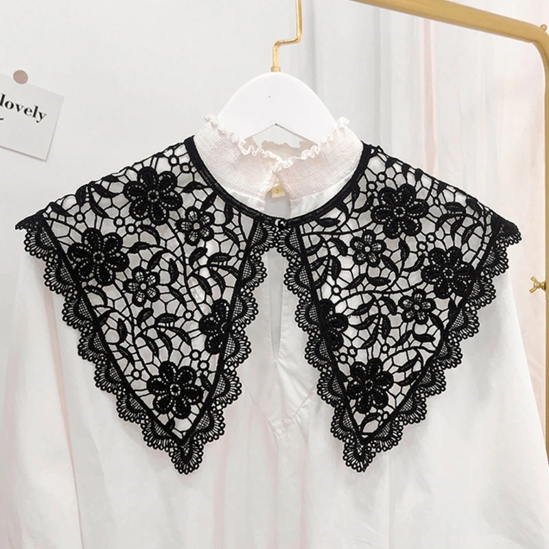 

Women Korean Floral Lace Fake Collar Shawl Hollow Out Black White Scarf Necklace Faux Pearl Button Mini Cape Half Shirt