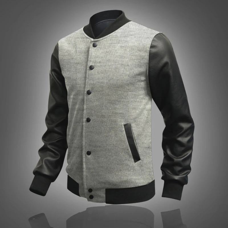 

Winter Men's Casual Jacket Jacket European And American Fashion Spliced Sleeves PU Stand Collar Jacket Fleece Clothes XL