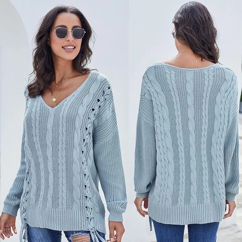 Женский трикотажный пуловер с V-образным вырезом длинным рукавом | Женская одежда