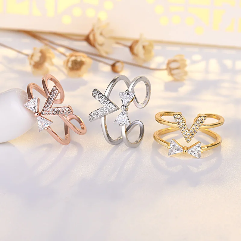 

Gold-Plated Silver Bow Ring Female Fashion Personality Letter Imitation Silver Open Micro-Inlaid Tail Ring Fashion Jewelry