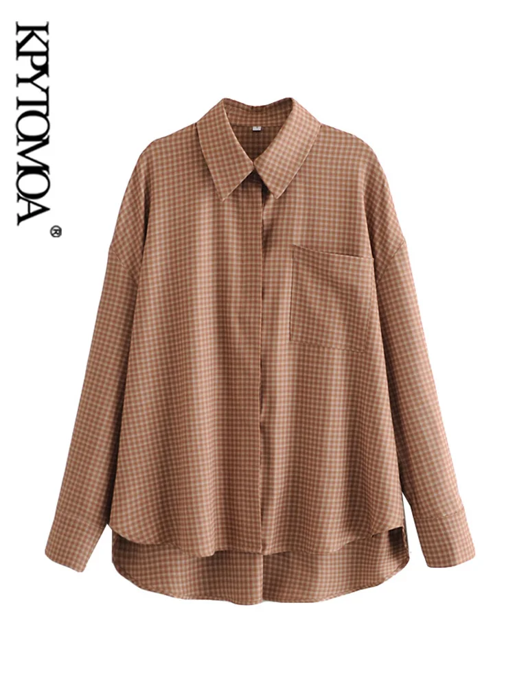 

KPYTOMOA Women 2021 Fashion With Pocket Oversized Check Asymmetry Blouses Vintage Long Sleeve Button-up Female Shirts Chic Tops