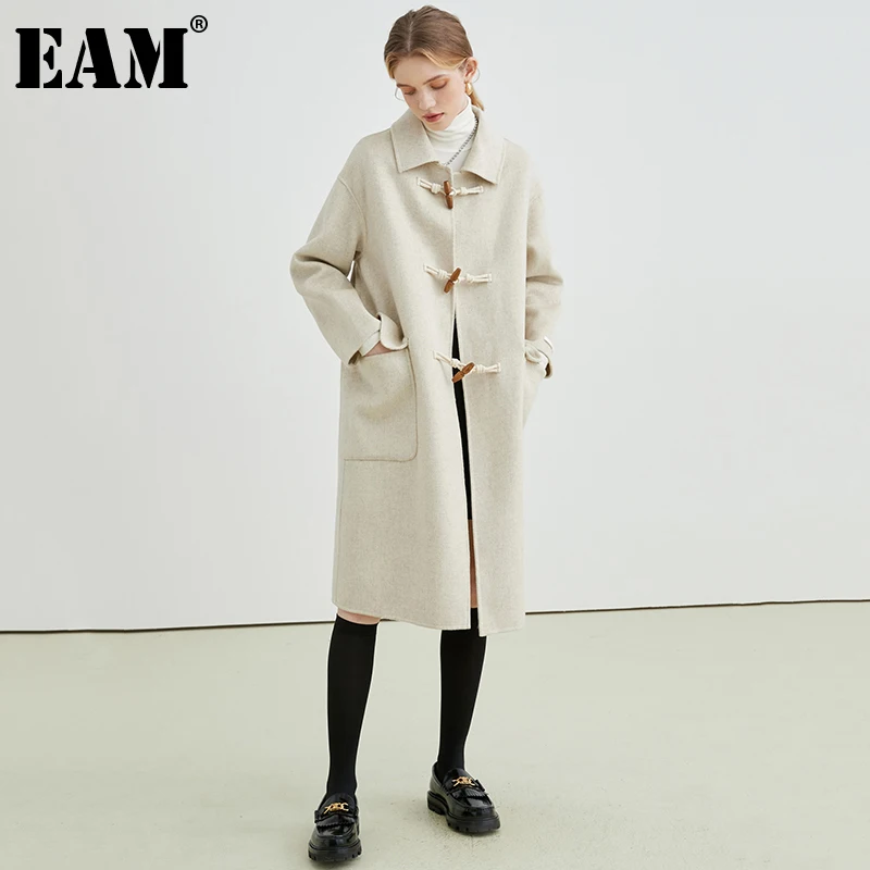 

[EAM] Loose Fit Oat Color Big Size Warm Long Woolen Coat Parkas New Long Sleeve Women Fashion Tide Autumn Winter 2021 1DE4022