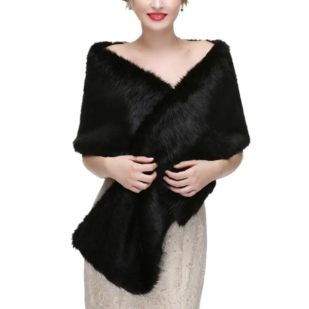 Women Winter Faux Fox Fur Coat Jacket Faux Fur Shawl Wrap Stole Bridal Wedding Cover Up
