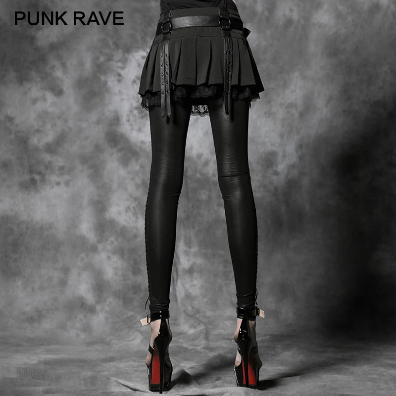 PUNK RAVE Women Sexy Good Elastic Flocking Bind Lace Leggings Gothic Retro Black Patchwork Slim Long Pants Punk Rock Clothing
