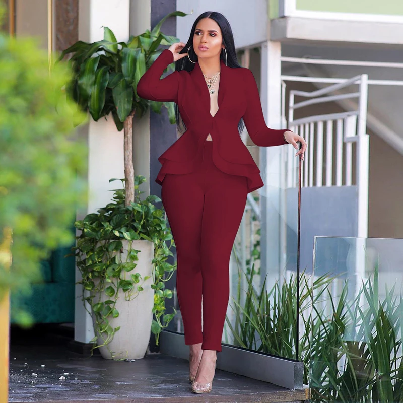Бургундия Белый Блейзер Женский комплект 2 шт., зимняя рабочая одежда, полный рукав, оборки, блейзеры, брюки-карандаш, костюм, комплект из двух предметов, одежда для офисных леди - Цвет: Бургундия